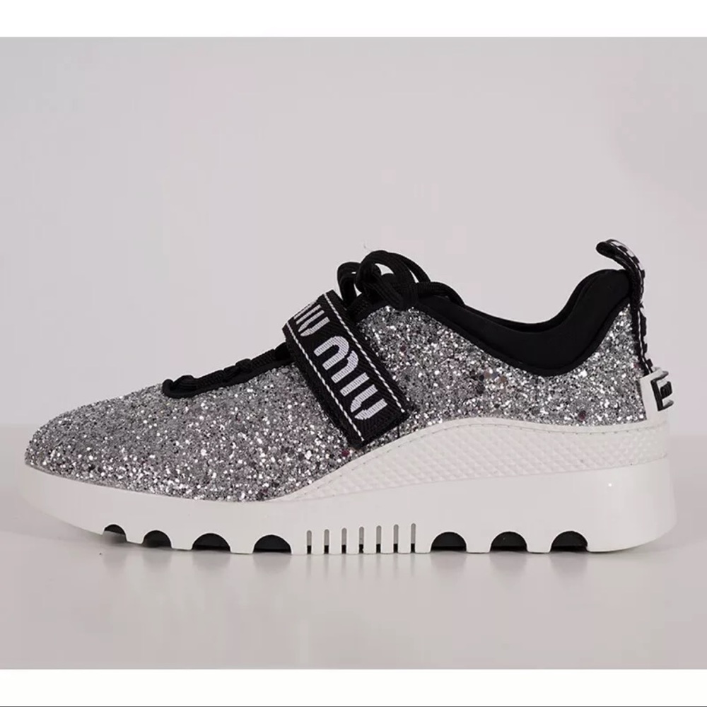 NEW MIU MIU Silver GLITTER Sporty SNEAKERS